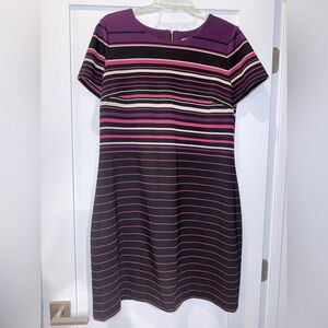 Calvin Klein Black and Purple Striped Short-Sleeve Shift Dress